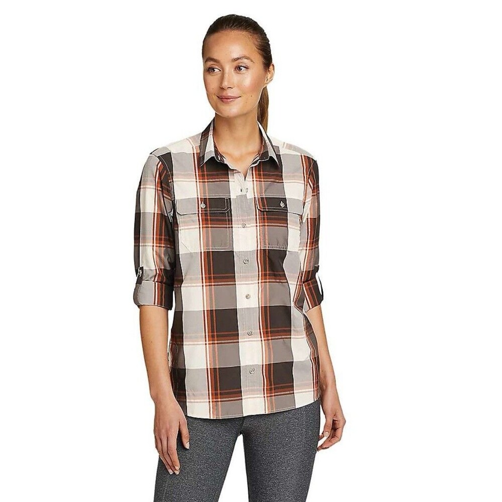 Eddie Bauer Shirt Women’s Grey Orange Plaid Hiking Outdoors Button Up-M